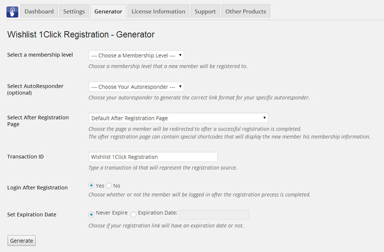 Wishlist 1-Click Registration Registration Links Generator