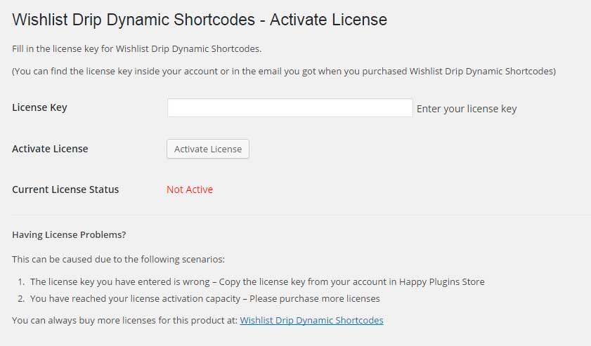 Wishlist Drip Dynamic Shortcodes License Activation
